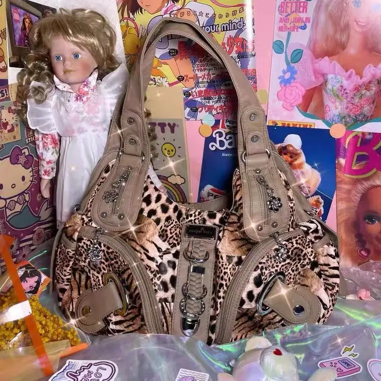 

Fashion Japanese Y2k Cute Leopard Print Large Capacity Cool Leather Tote Bag Women Bag Storage Bag Shopping Bag Luxury Bag