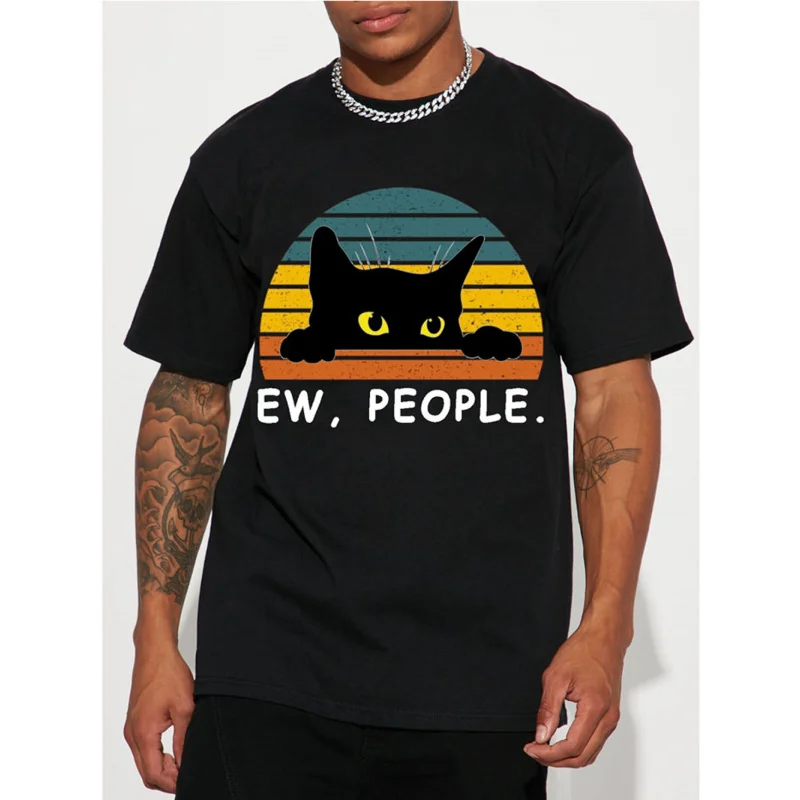 

Stylish Men's Black Cat T-shirt - Hip Hop Crew Summer Vacation and unique gift - comfortable, short sleeve graphic top