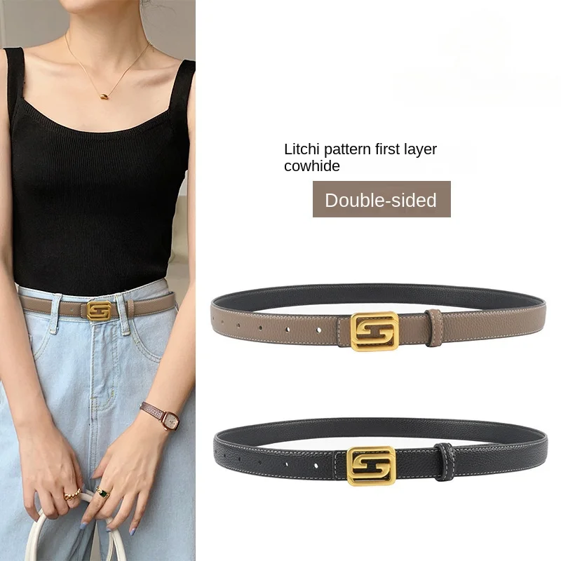 Double Sided New Lychee Patterned Top Layer Cowhide Leather Women's Belt with Denim Casual Pants Decorative Belt new pure cowhide belt for men s genuine leather leisure youth travel belt with adjustable cowhide top layer handmade belt a3437