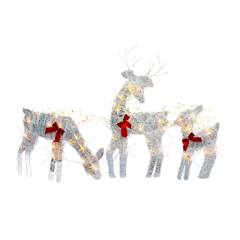 

3 PCS Lighted Christmas 2D Reindeers Outdoor Decorations White Metal Pre-Lit Light Up Xmas Rudolph & Santa Sleigh With Lights