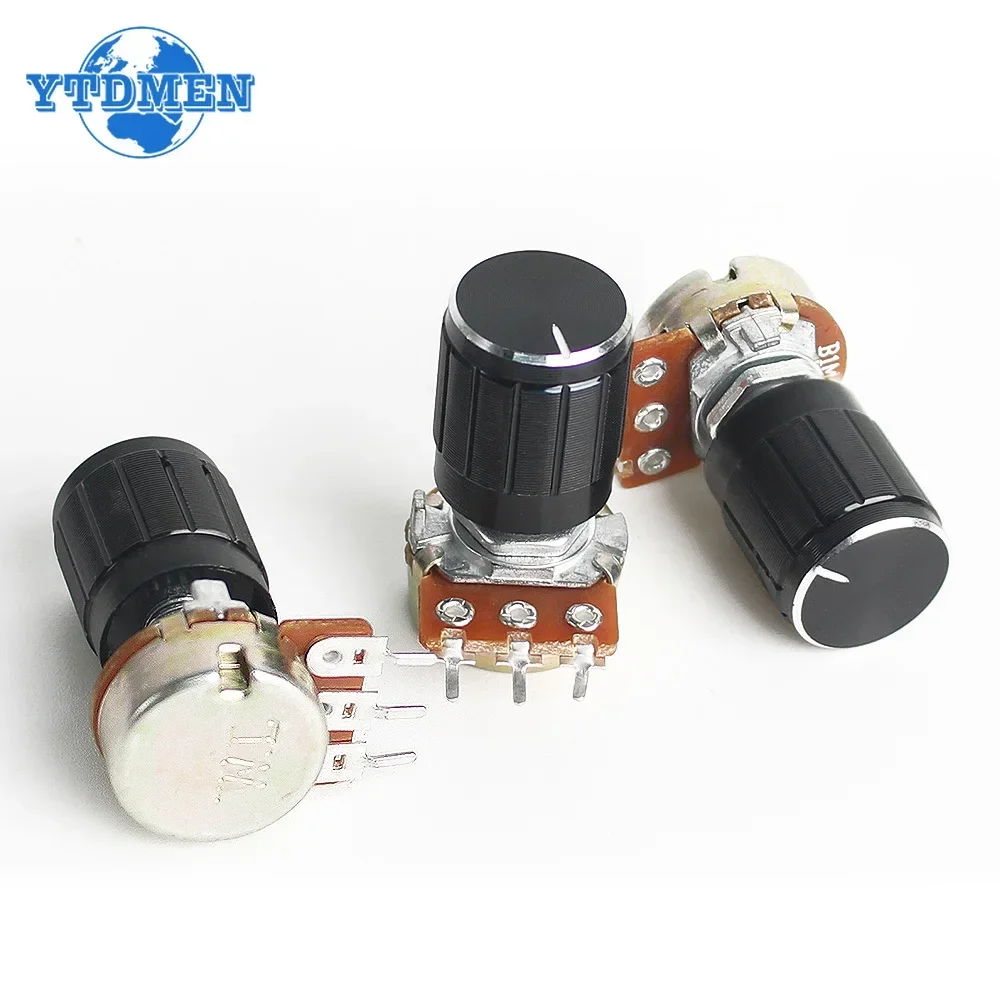 5Set WH148 15mm 3pin Linear Potentiometer 1K 2K 5K 10K 20K 50K 100K 250K 1M with Black Aluminum Alloy Knob Cap Potentiometer Kit
