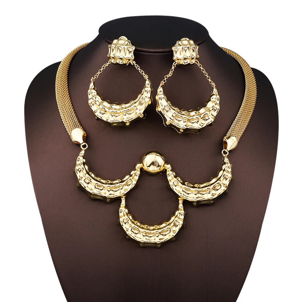 

24K Gold Plated Fashion Geometry Pendants Flat Chain Necklace Earring Jewelry Set Dubai Italian Women Wedding Party Bridal Gift