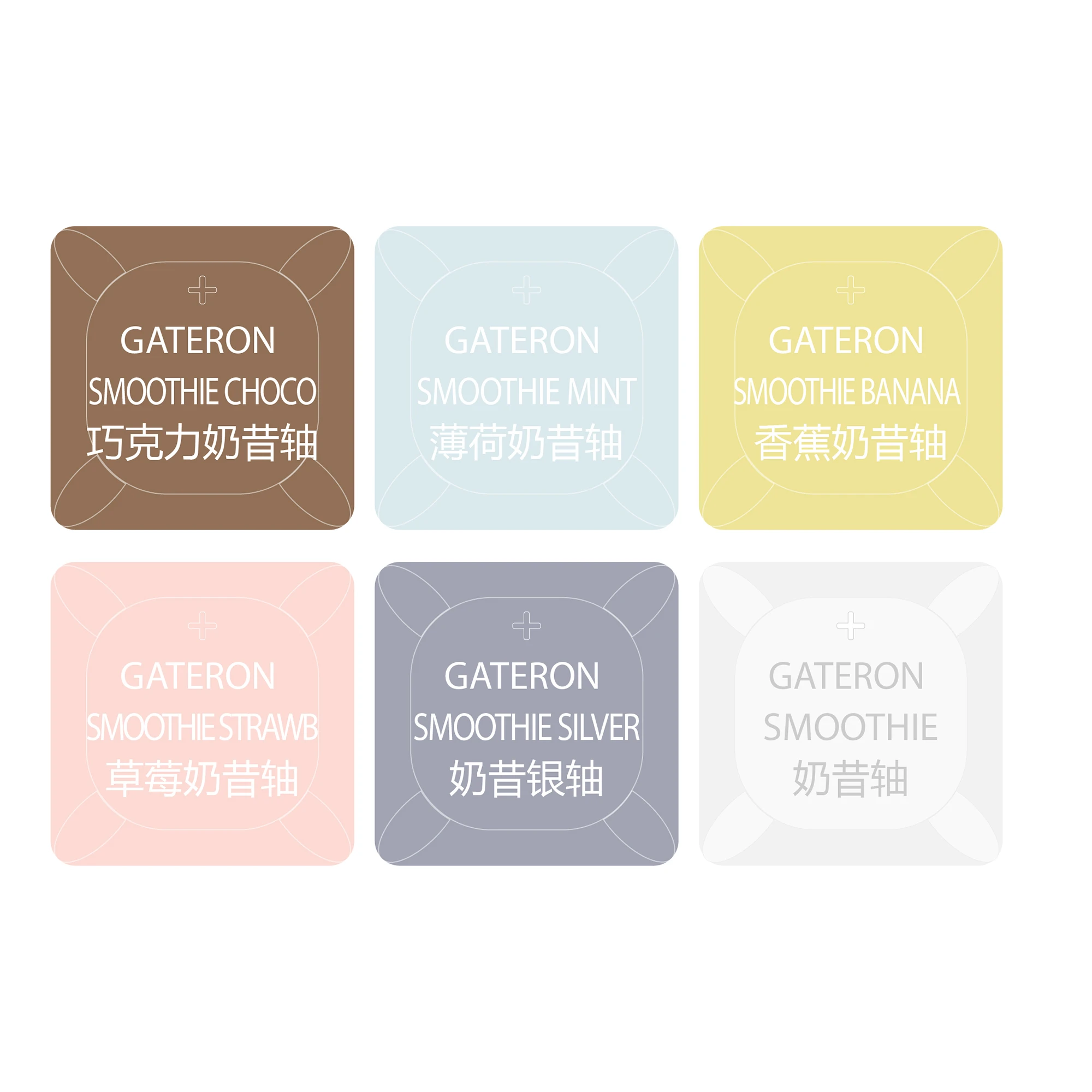 Gateron Smoothie Switch Tester Set with Blank Keycaps and Acrylic Base - Chocolate Mint Banana Silver Color Palette