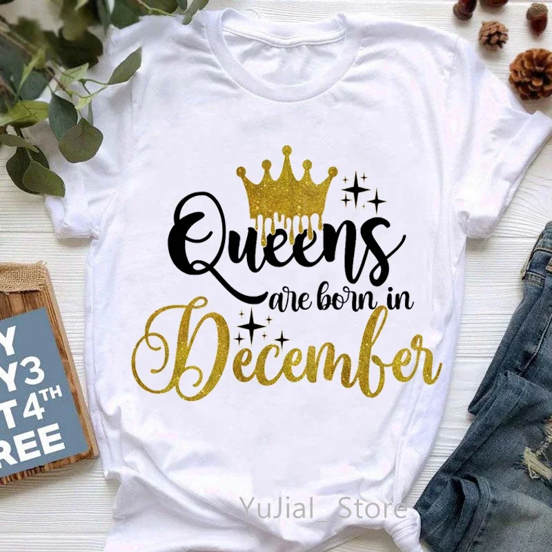 Solid T-Shirt For Women Golden Queen Are Born In December Graphic Print Tshirt Girls Black/White/Pink/Green/Yellow/Gray T Shirt