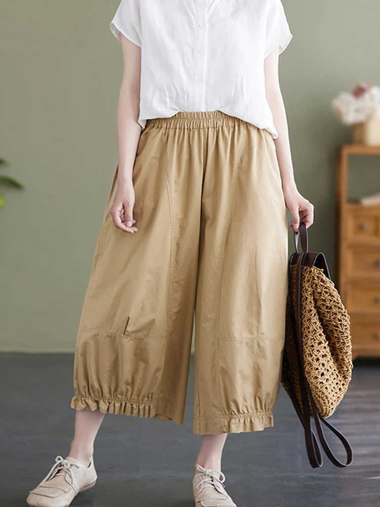 

Spring And Summer Woman Solid Color Oversized Calf-length Pants New Cotton Casual Fashion All-match Elastic Waist Wide-leg Pants