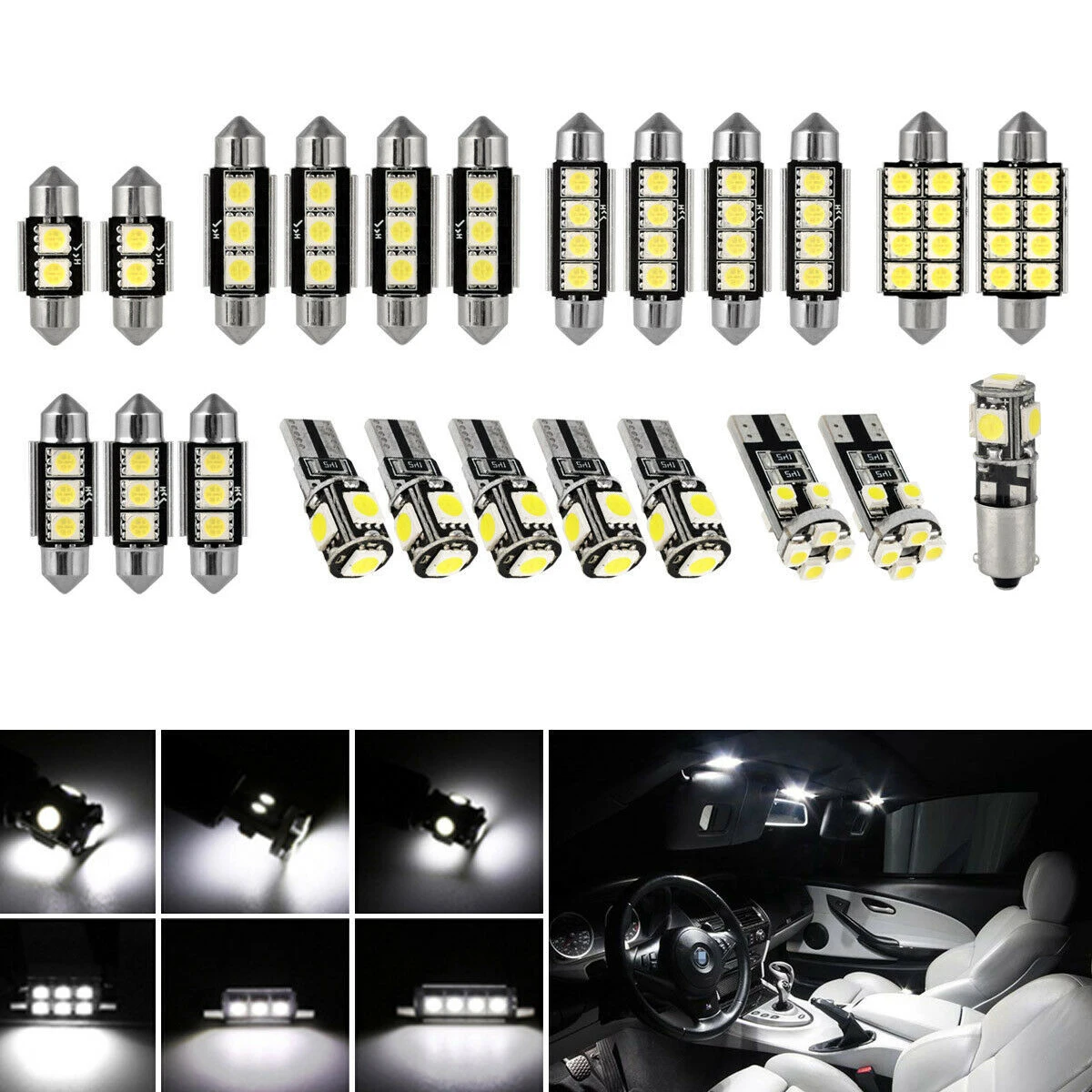

23Pcs T10 5050 Car White LED Light Mini Bulbs Kit Interior Dome Footwell Trunk License Plate Lamps for Bmw E53 E60 E90 Golf 4 7