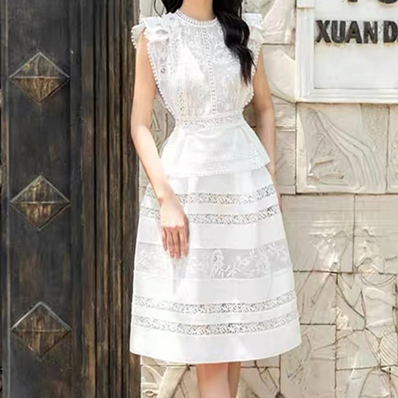 

White Lace Party Dresses for Woman 2023 Sleeveless O-neck Patchwork Dress Bodycon Female Summer Ruffles Clothing Hook Flower