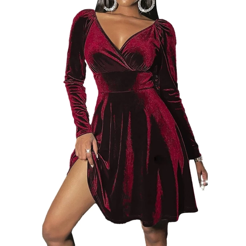 

Womens Sexy Ruched Wrap Neck Long Sleeve Midi Length Dress Solid Color A-Line Cocktail Party Swing Flared Dresses