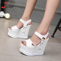 Peep Toe Platform Wedges Sandals Women 14cm Increased Height Summer Ladies Shoes White Black High Heels