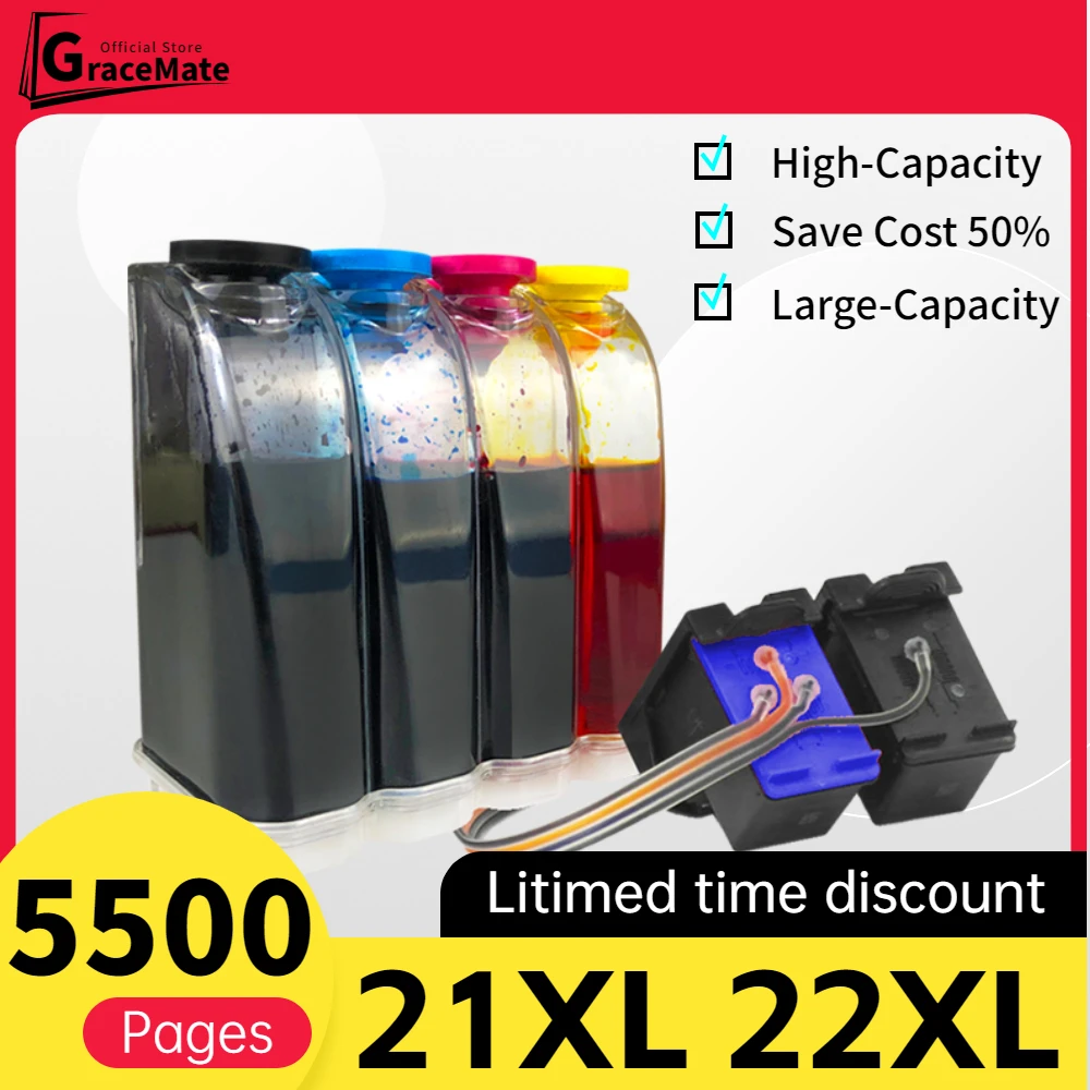 

GraceMate 21XL 22 XL Ciss Bulk Ink Compatible for HP 21 22 for Deskjet F2180 F2200 F2280 F4180 F300 F380 380 D2300 D2345 Printer