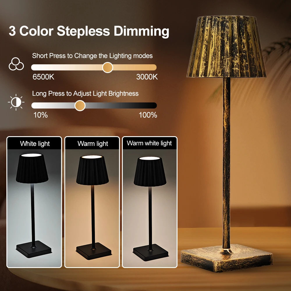 Lampe de bureau LED sans fil, commande tactile, Rechargeable par USB, 3 couleurs, gradation continue, lumières d'ambiance 5
