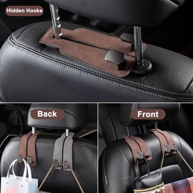 Car Coat Hanger Car Hook 2 in 1 Car Headrest Hook Premium Suede Rear Seat Hanging Dual Hook 20KG Large Load-Bearing Alloy Hanger Universal