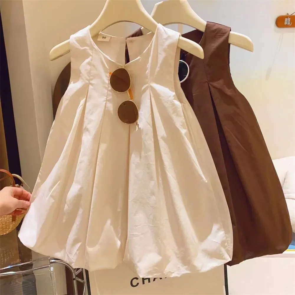 

5618c Children Dress 2023 Summer New Simple Fashion Solid Color Girl's Dress Pleated Bud Vest Princess Dress
