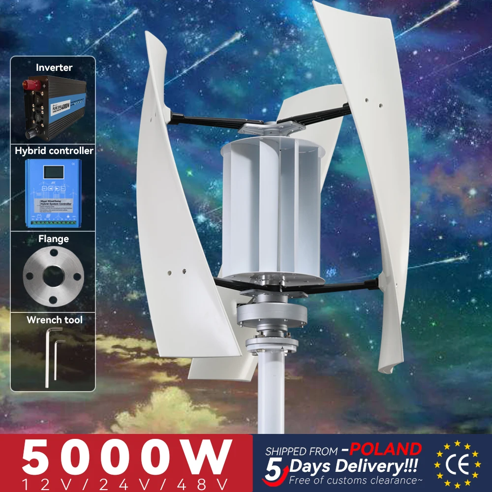 

Wind Generator Turbine 5000W 3 Blades 12v 24v 48v Free Energy Vertical Axis Permanent Maglev Optional Mppt Charge Controller