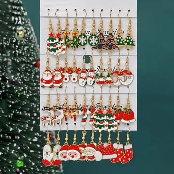 10/40pcs New Christmas Set Cross border Hot Selling Cartoon Dripping Oil Elk Santa Claus Christmas Tree Earrings for Women