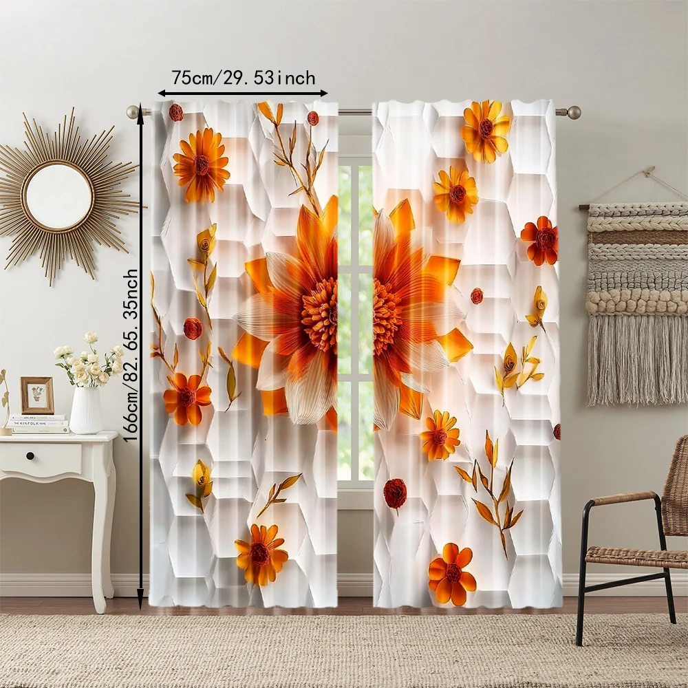 2Pcs Glam Style Curtain Panels Orange Red Floral Print With Hexagon Background Machine Washable Polyester Decorative Drapes_ai2 3