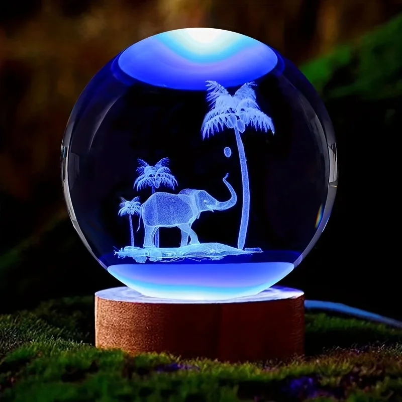 

1pc 3D Elephant Crystal Ball Laser-engraved Wooden Base Night Light, Birthday Gift For Girlfriend, Parents, Christmas, Valentine