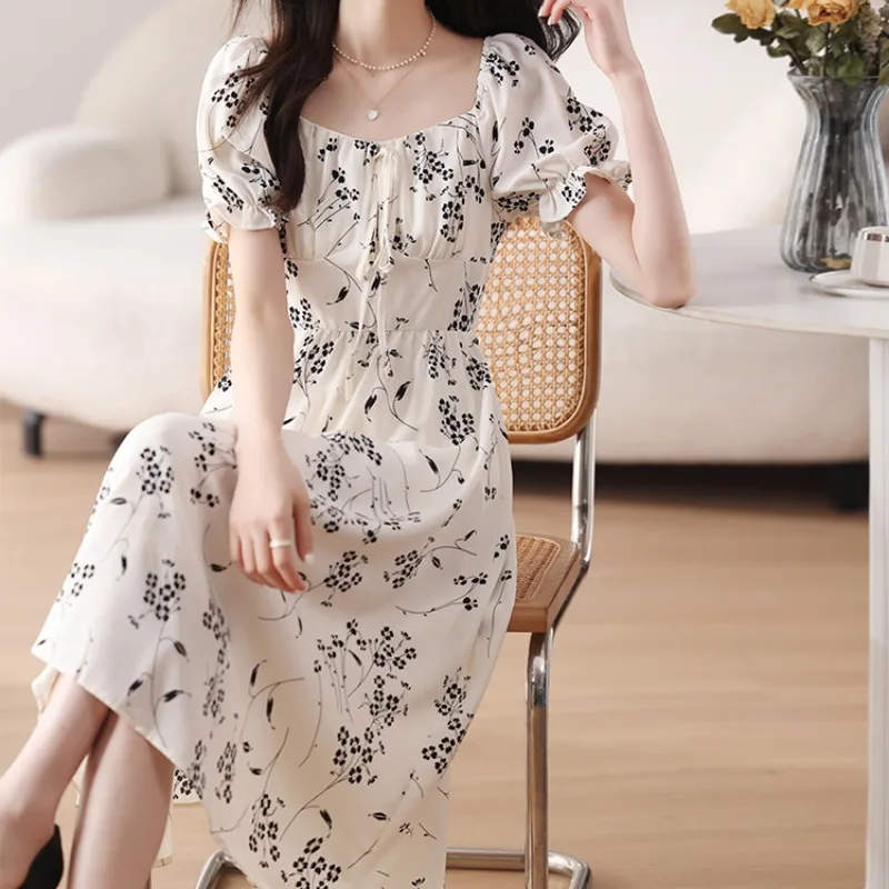 

Summer Women's Pullover Floral Print Pleated Square Collar Bandage Drawstring Short Sleeve Casual Elegant Office Lady Dress