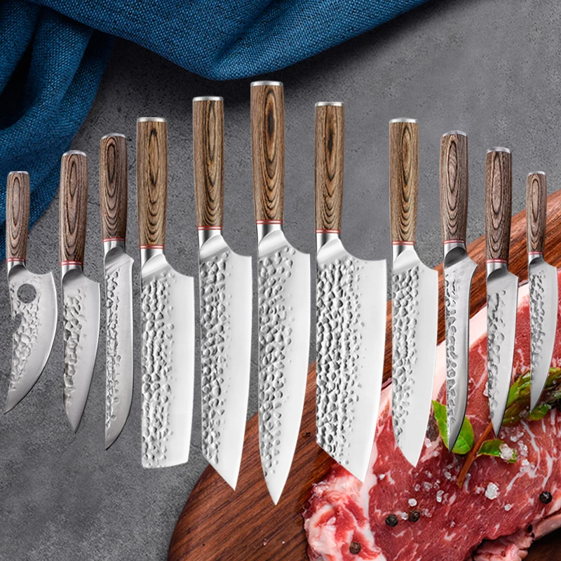 

1-11pcs Kitchen Knives Set Forged Hammer Pattern Meat Cleaver Butcher's Boning Knife Sharp Chef's Knife Vegetable Slicing Knife