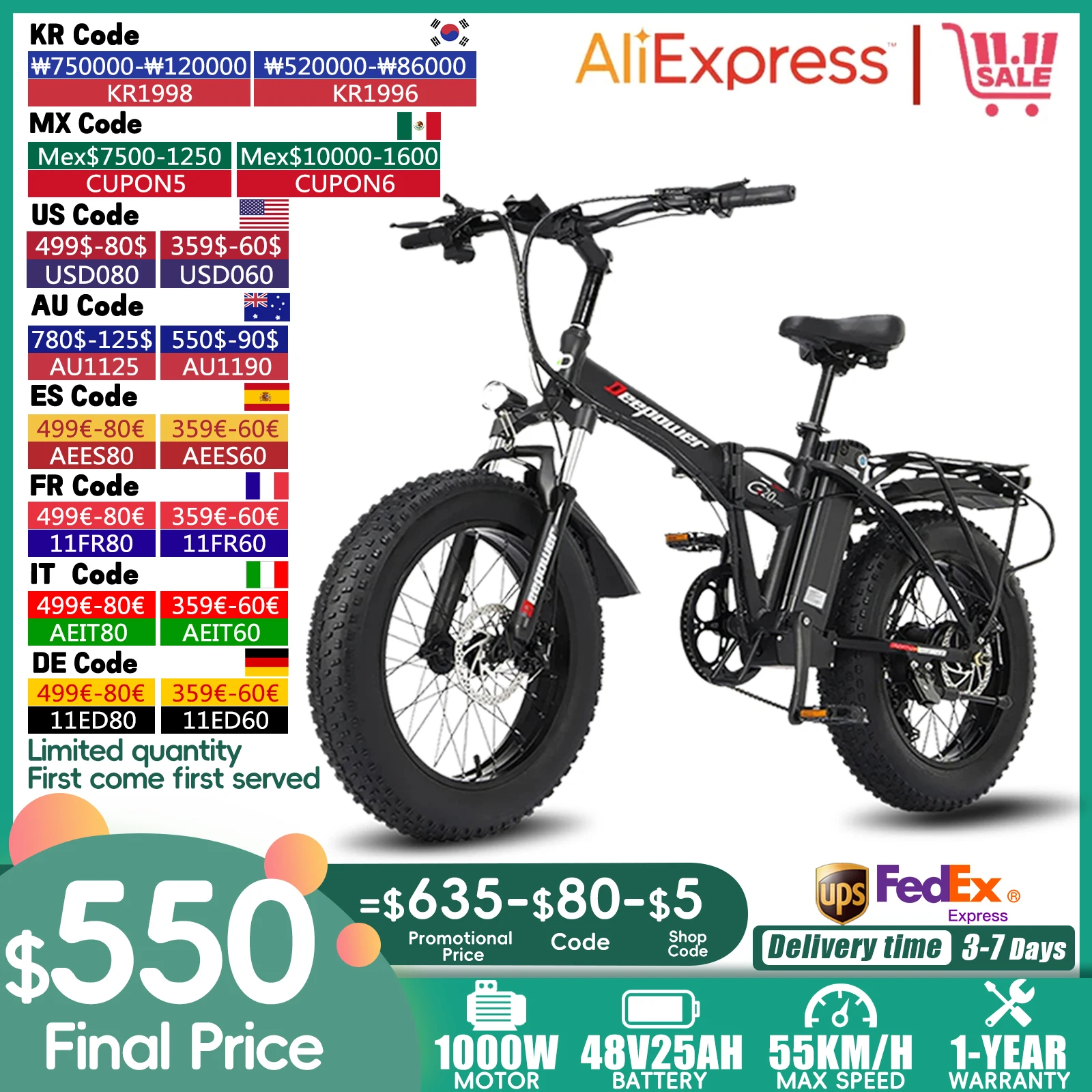 DEEPOWER G20Pro 1000W Folding Electric Bicycle 1000W 48V 25AH Fat Tire Ebike Mountain 20 Inch Electric Bike Beach Cycling electric bike electric bicycle