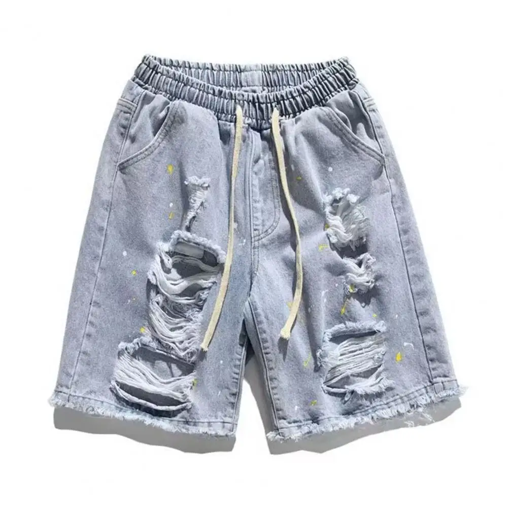 

Men Ripped Denim Shorts Men's Summer Denim Shorts with Elastic Drawstring Waistband Pockets Casual Solid Color Wide Leg for A