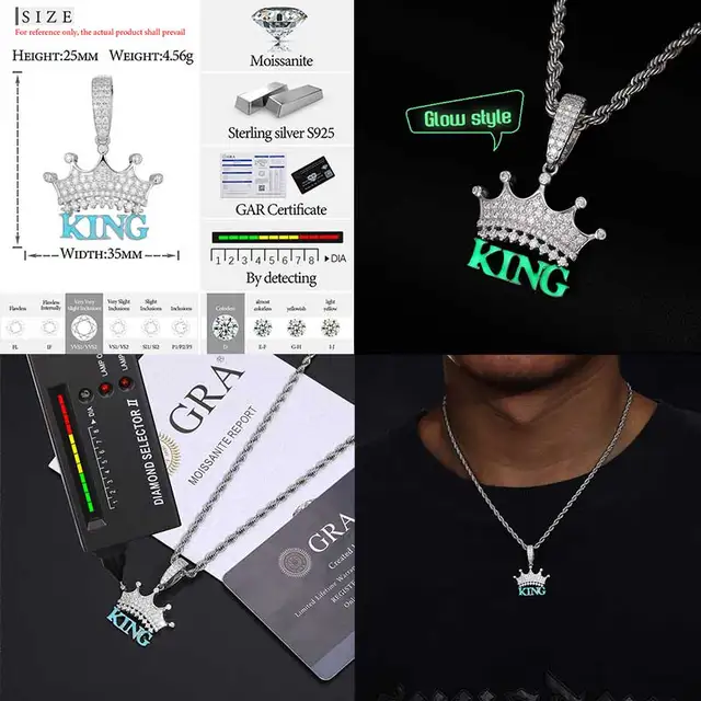 Classic Luminous Style Personalized Pendant Necklace Silver 925 Moissanite Pendant Necklace Rope Chain Men Hip Hop Jewelry 5