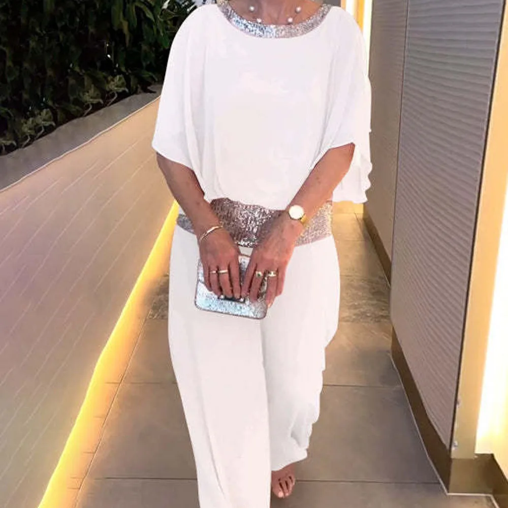 Pink Sequined Loose Blouse and Wide Leg Trousers Set for Women