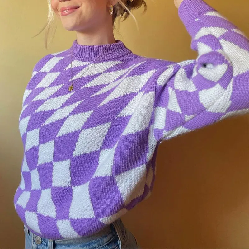 

Plaid Women Knit Sweater Winter Streetwear Vintage O-Neck Loose Female Pullover Sweet Oversize Long Sleeve Checkered Pattern