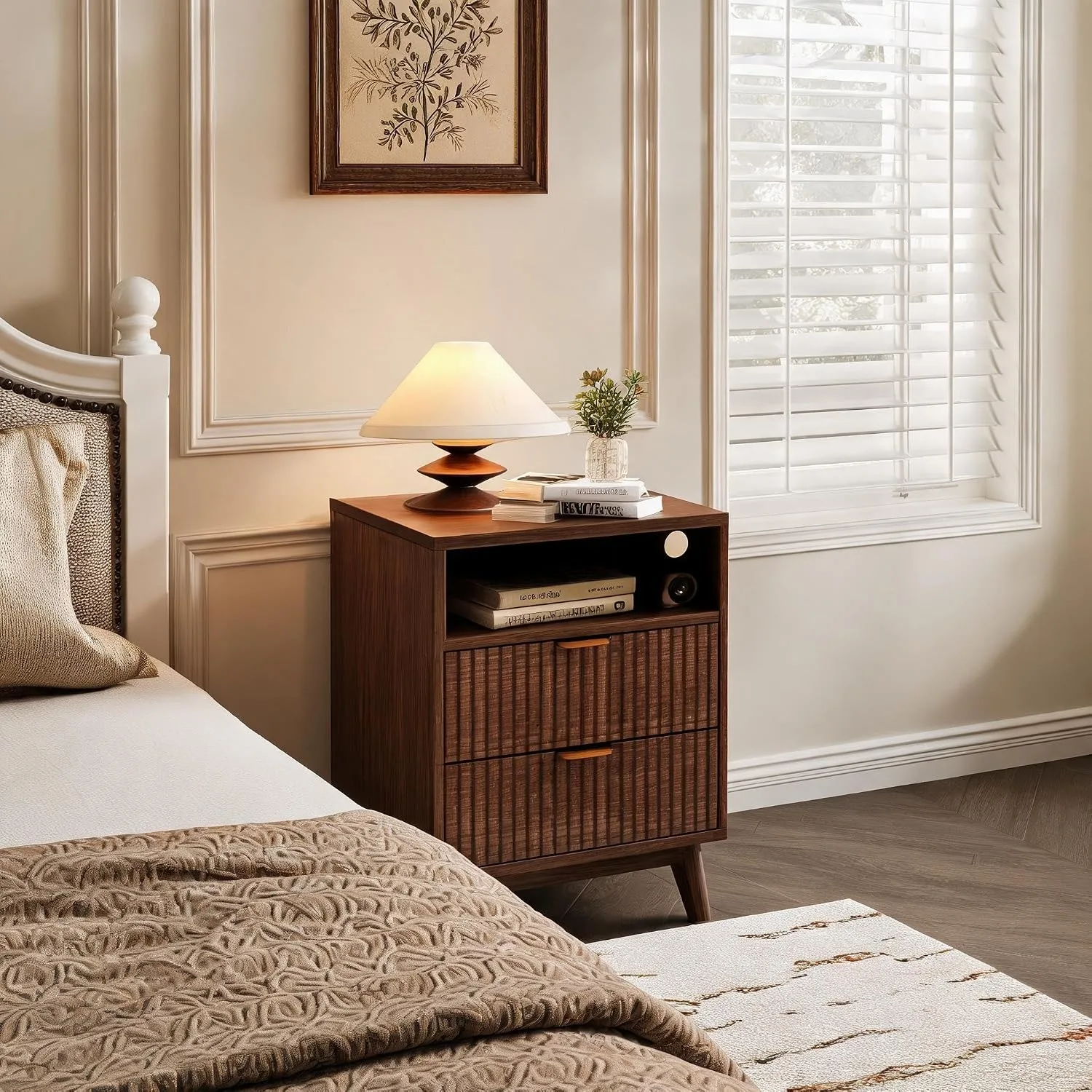 Walnut Nightstand with Drawer and Open Shelf USB Charging Station Bedside Table with AC Outlets Fluted Wood Side Table Storage Cabinet for Bedroom Living Room Sofa 3 Walnut Nightstand with Drawer and Open Shelf USB Charging Station Bedside Table with AC Outlets Fluted Wood Side Table Storage Cabinet for Bedroom Living Room Sofa 3