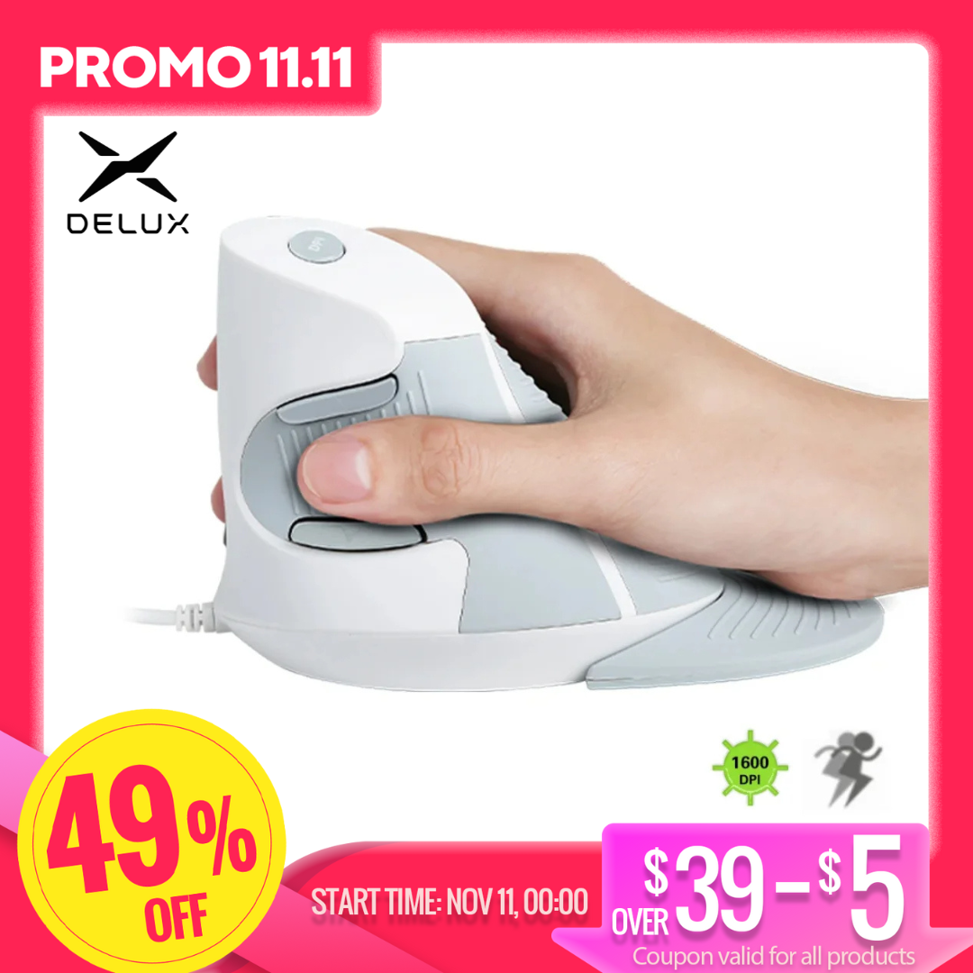 Delux M618BU White Wired Ergonomic Vertical Mouse 1600 DPI 6 Buttons Optical Right Hand Mice with Wrist mat For PC Lapt