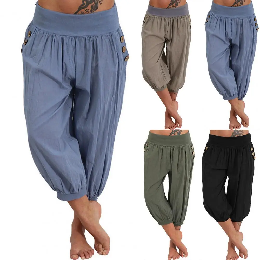 

Loose Pants Comfortable Harem Pants Elastic Waist Women Solid Color Casual Bloomers Beam Feet