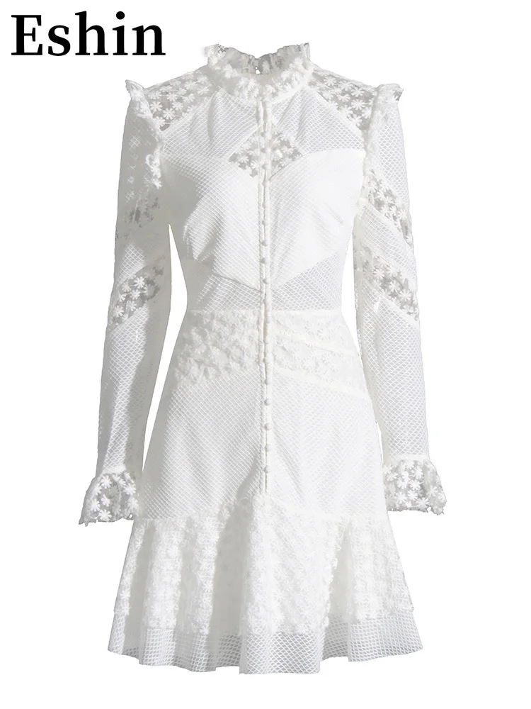 

Eshin 2023 Summer Embroidery Slim Dresses For Women Stand Collar Long Sleeve High Waist Folds Elegant Mini Dress Female TH4240