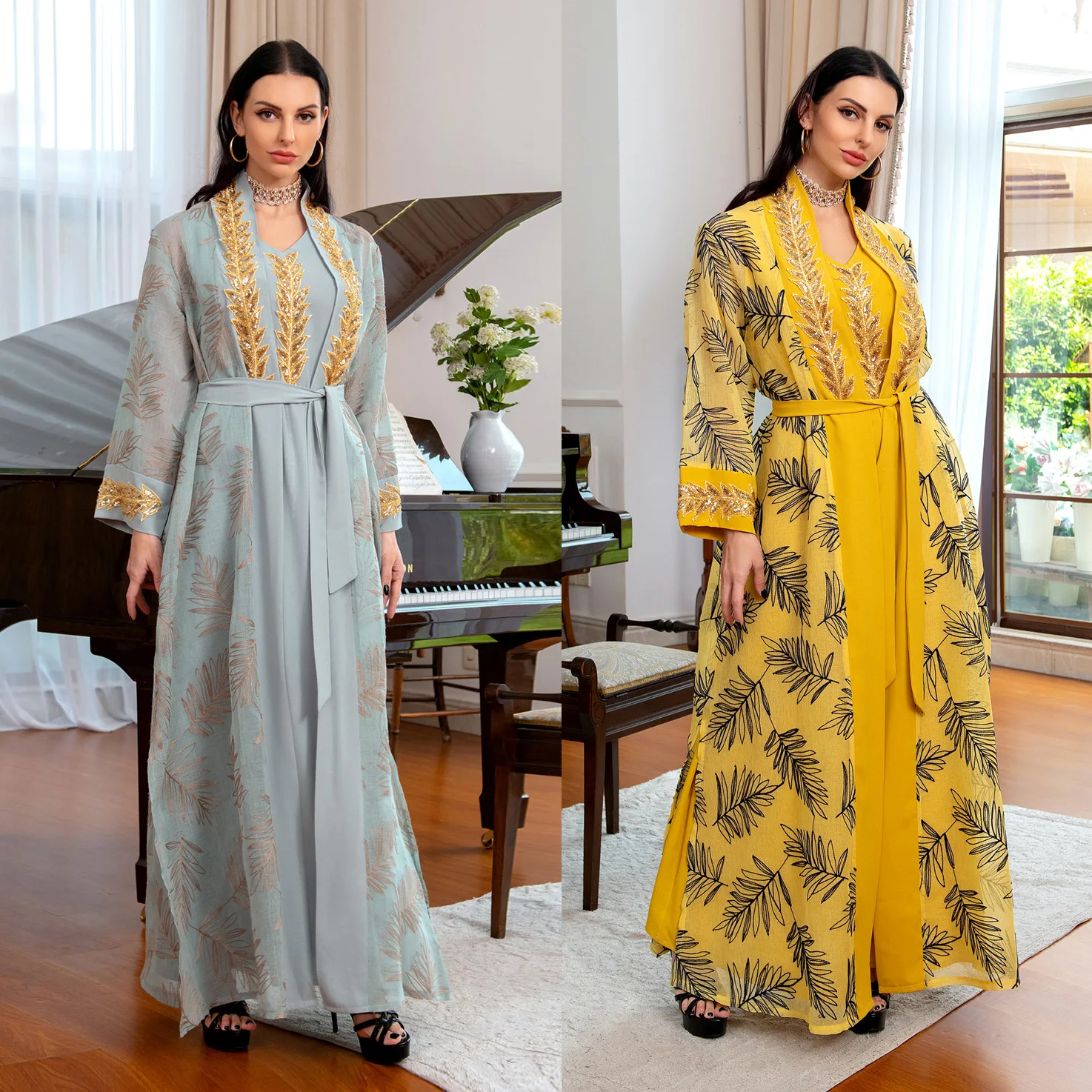 2 Piece Suit Embroidery Guipure Lace V-Neck Full Sleeve Elegant Casual Belted Clothing for Islamic Gulf Women Muslim Dress Set
