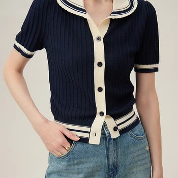 FSLE College Style Contrast Polo Collar Knitted Cardigan Women Knitwear 2024 Summer New Black Women Casual Loose Top 24FS12115