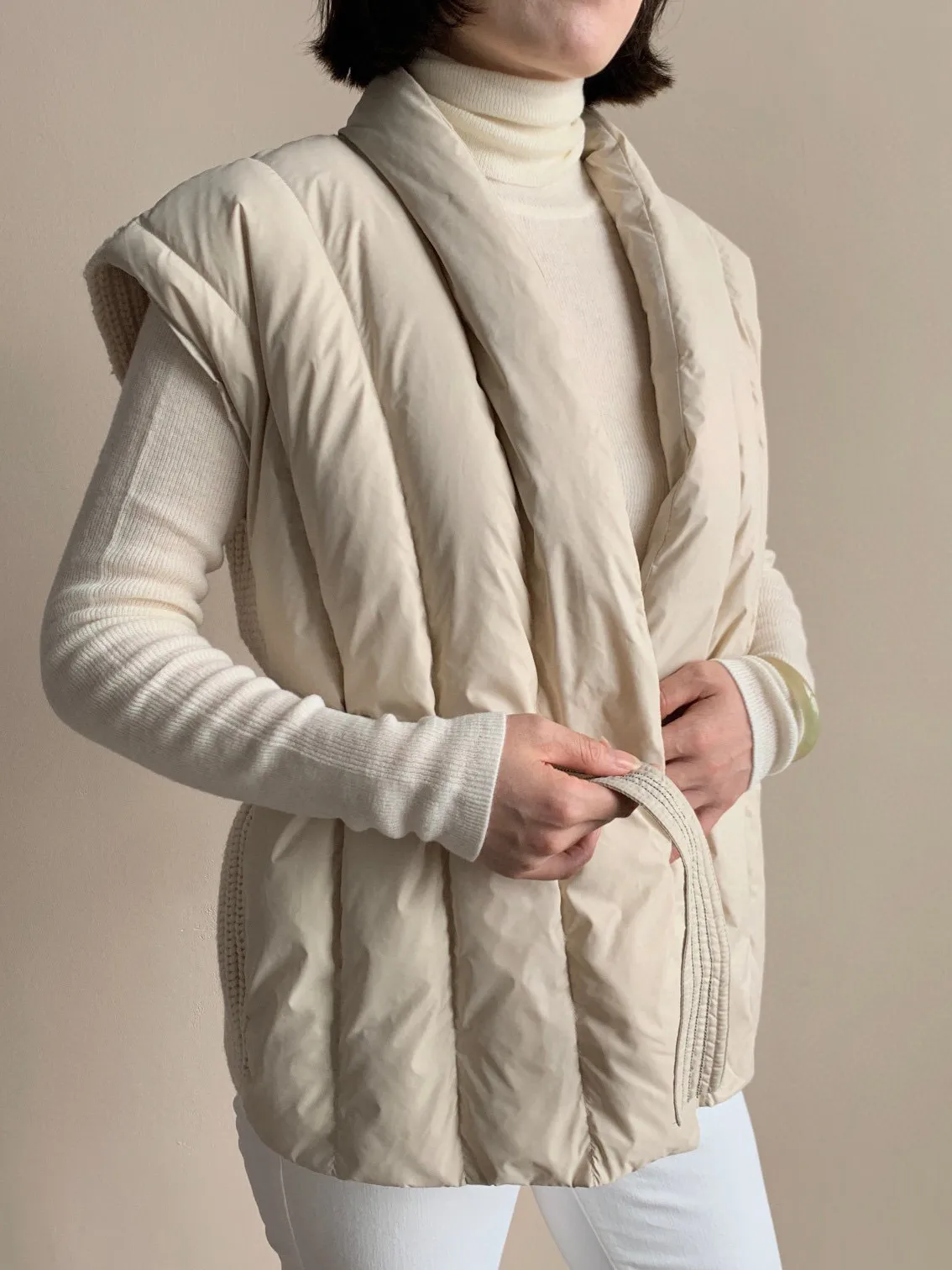 

Women's Knitted Splicing Vest Down Jacket Winter 2023 New Solid Color Lady V-Neck Sleeveless Thickened Warm Coat with Belt