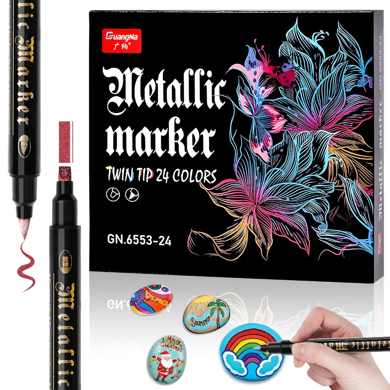 12-60 Colors Double Tip Acrylic Paint Marker Pen Art Student Fine Dots Brush Metallic Multiple Surfaces Rock Ceramic Glass