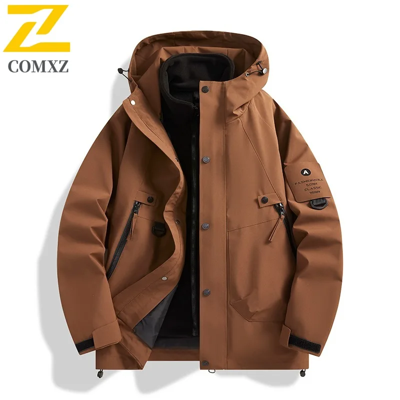 COMXZ Luxury Hooded Mens Jacket Hiking Travel Thickened Warm Motorcycle Jacket Classic Outdoor Cold Resistant Winter Clothing
