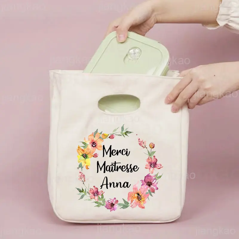 Personalised French Print Cooler Lunch Bag Custom Name Insulated Bento Bag Thermal School Picnic