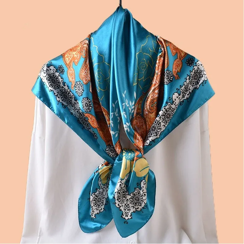Luxuriöser Hijab-Schal aus Seidensatin für Damen, bedrucktes Kopftuch, Haarschals, 90 cm x 90 cm, quadratischer Schal, Wickeltücher, Halstücher für Damen – Detail 1