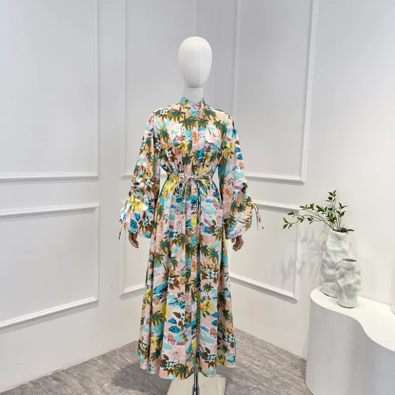 

Женское платье до середины икры, платье в пляжном стиле с принтом, рукавами-фонариками и высоким воротником, лето 2023