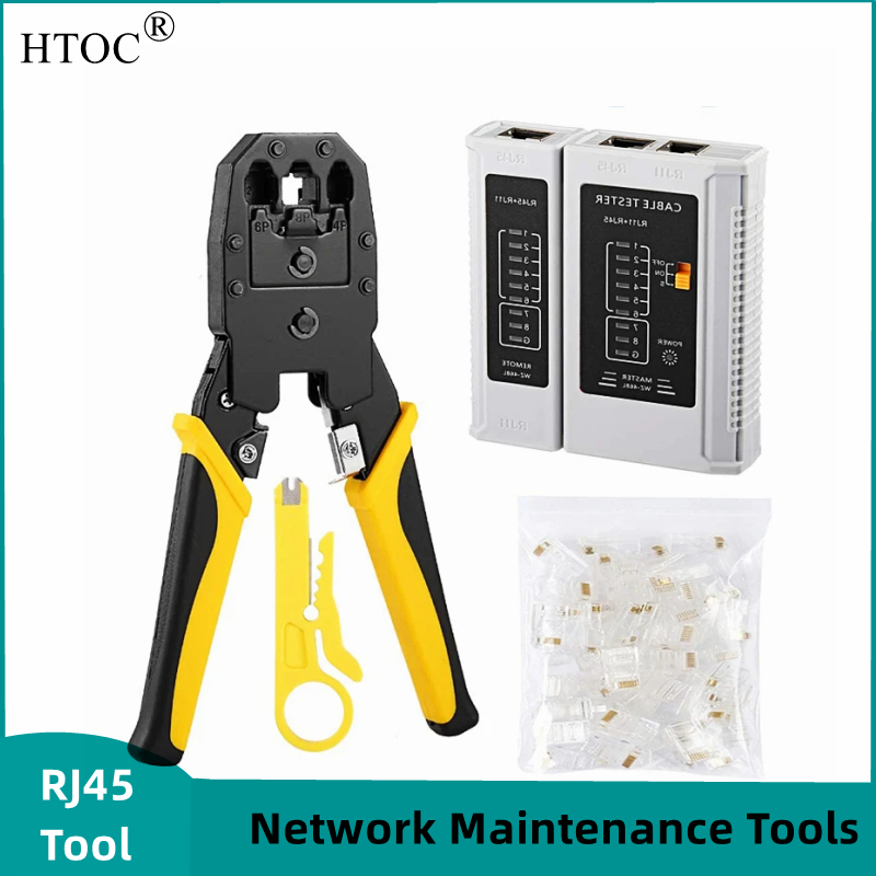HTOC Cable Tester RJ45 Crimp Tool CAT5 CAT6 Crimping Tool 100PCS CAT5 Connectors Plug  Mini Wire Stripper
