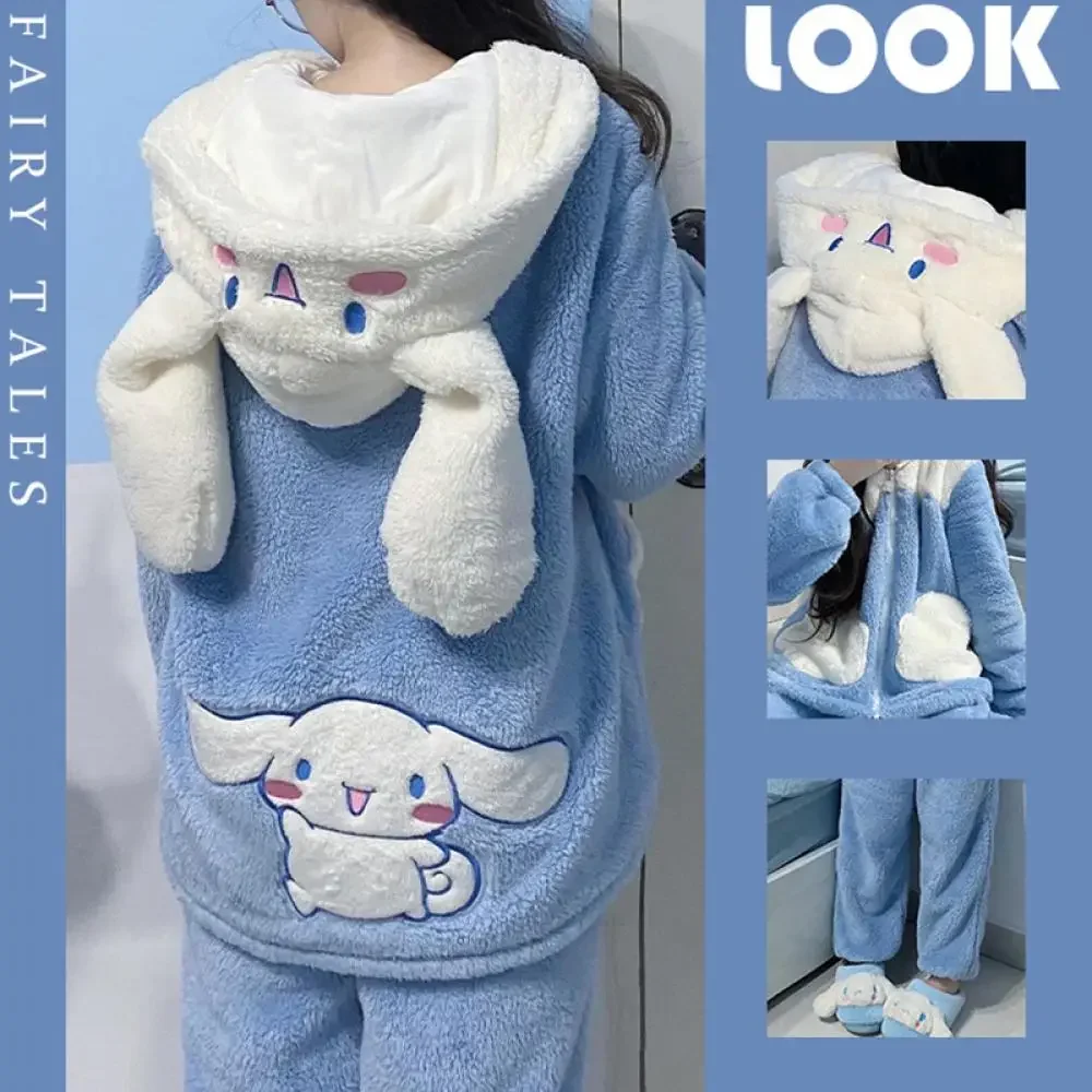 Kawaii Cinnamoroll Women Plush Pajamas Suit 2Pcs Winter Hooded Home Clothes Cartoon Thickened Homewear Girls Household Clothes women plush pajamas