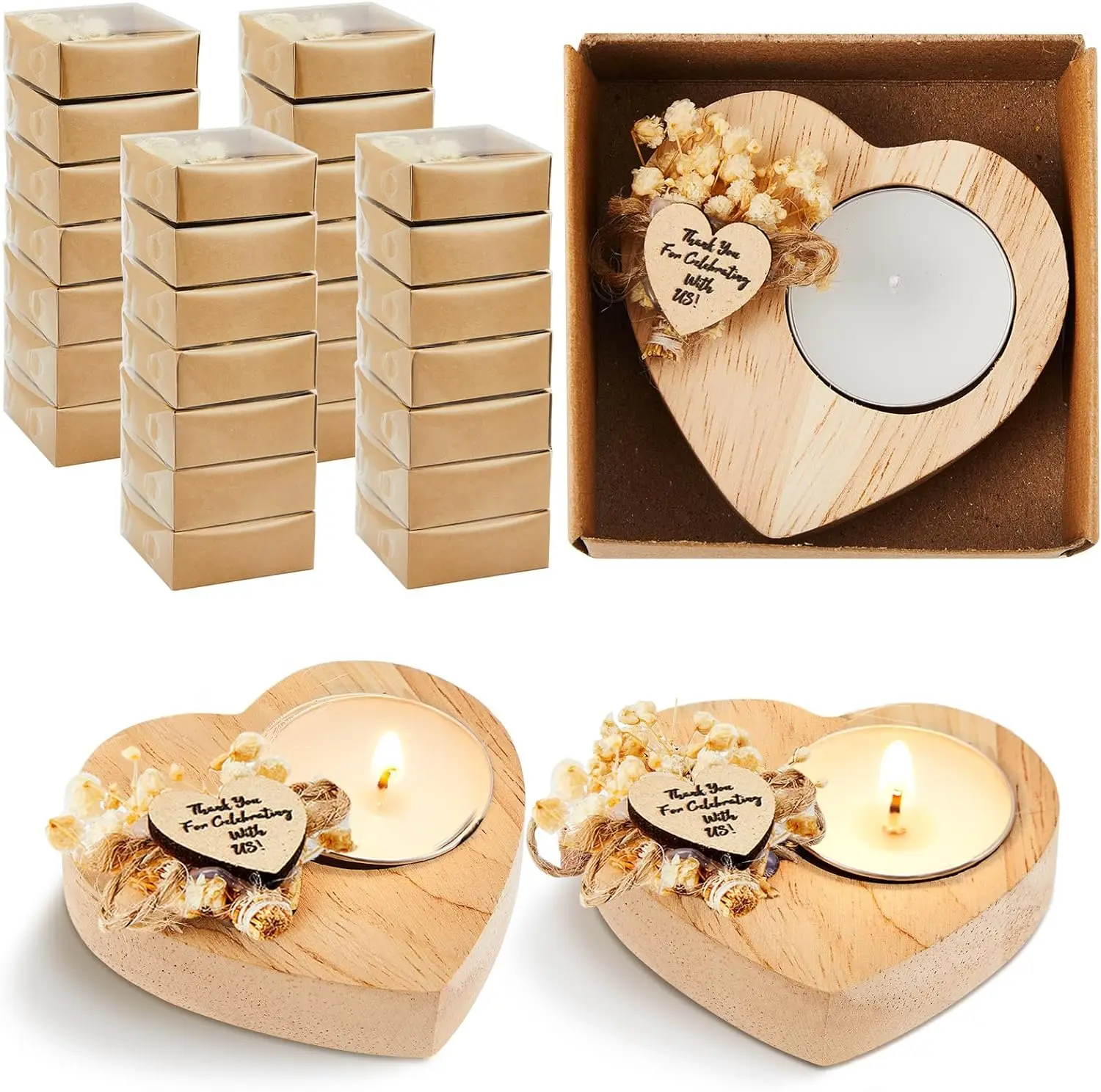 6-50Pcs Bridal Shower Favors Candles Heart Shaped Wood Tealight Candle Holder Rustic Wedding Candles for Guests Thanksgiving