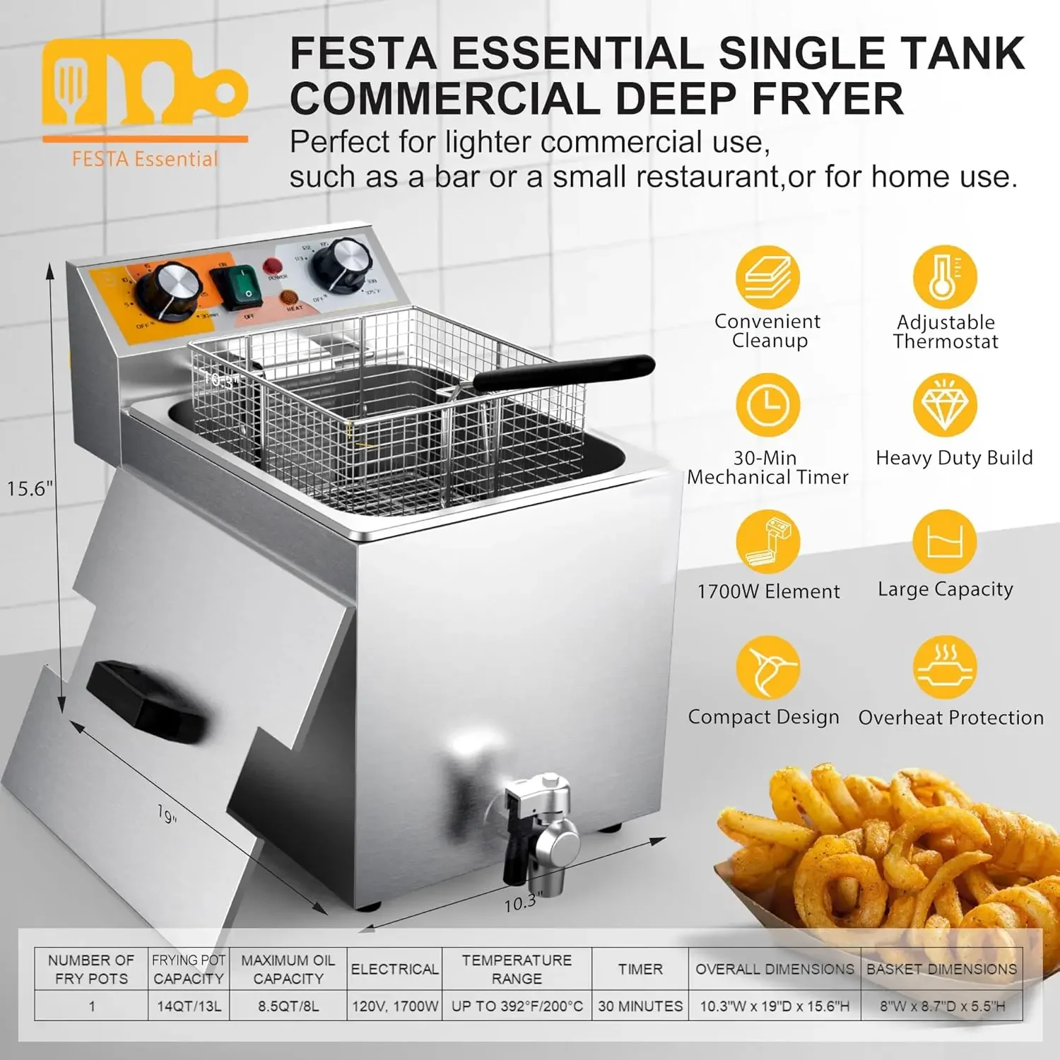 14 Qt. Electric Countertop Commercial Deep Fryer with 6.8 Qt. Basket, for Restaurant and Home-120V, 1700W, Stainless Steel