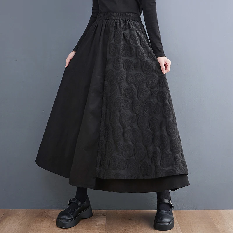 

Women's Vintage Floral High Waist Patchwork Skirt, Loose Casual Midi Skirts, Elegant Clothing, Black, Plus Size, Autumn, Winter