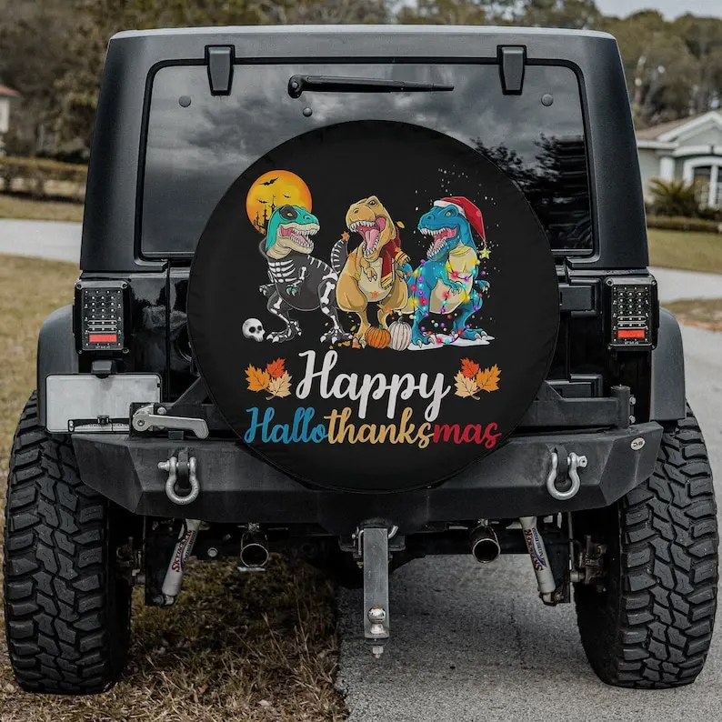 

Halloween Thanksgiving Christmas Happy HalloThanksMas Spare Tire Cover Thickening Leather Universal Fit for Jeep, Trailer,SUV