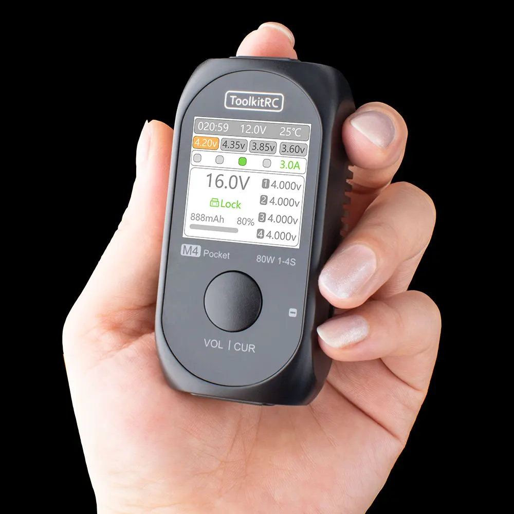 ToolkitRC M4 Pocket DC 80W 5A XT30 XT60 Input USB-C Input/Output Charger for 1-4S LiPo Battery Quick Charger Function 2