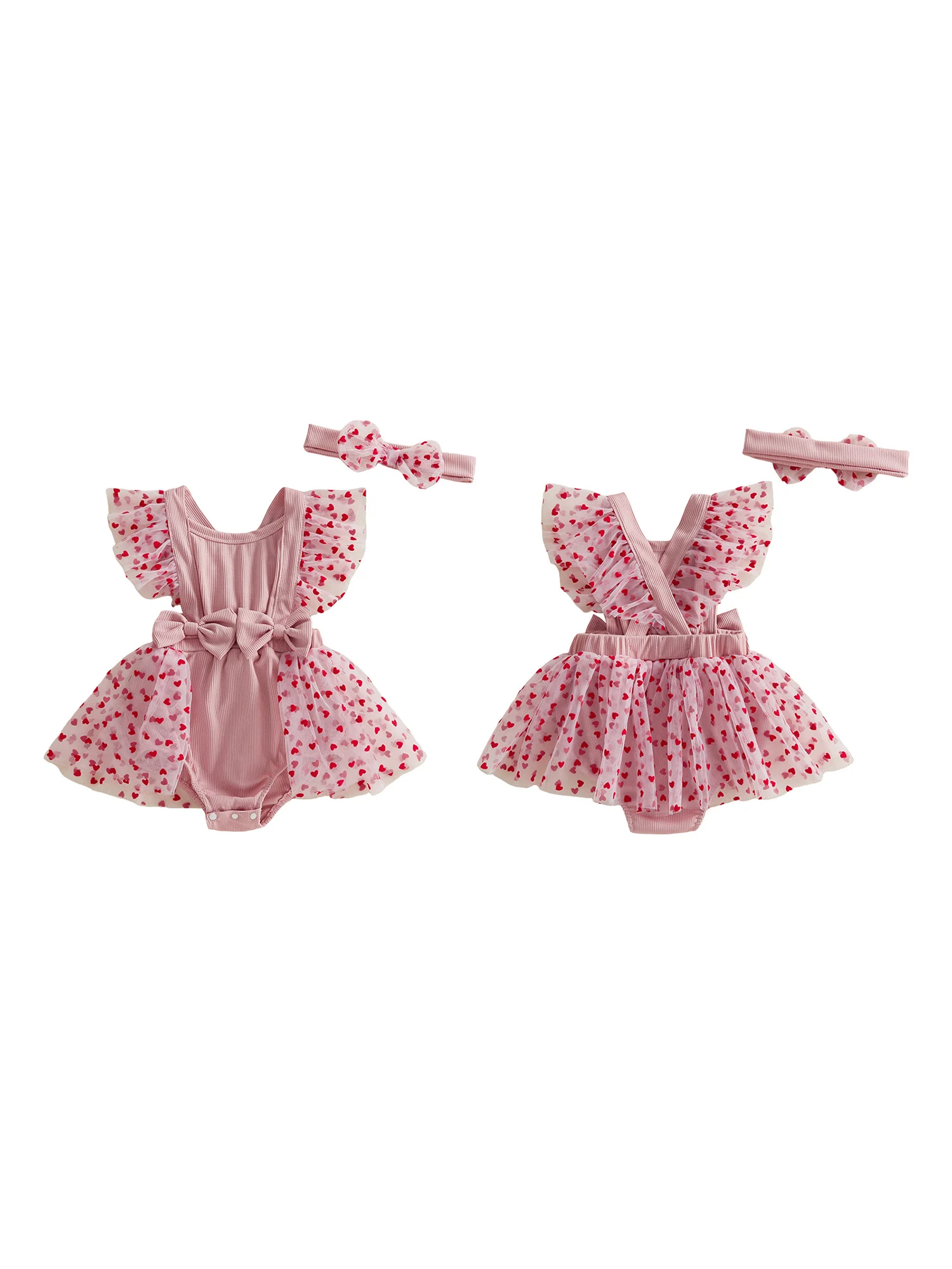 Adorable Baby Girl  Ruffle Sleeve Heart Print Bodysuit with Matching Headband Set for Valentine s Day Outfit