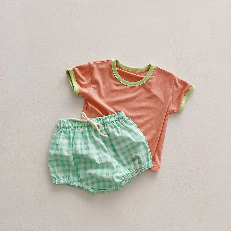 2025 Summer New Baby Short Sleeve Clothes Set Infant Girl Solid T Shirts + Plaid Shorts 2pcs Suit Toddler Boy Pp Pants Outfits 4 2025 Summer New Baby Short Sleeve Clothes Set Infant Girl Solid T Shirts + Plaid Shorts 2pcs Suit Toddler Boy Pp Pants Outfits - Image 4