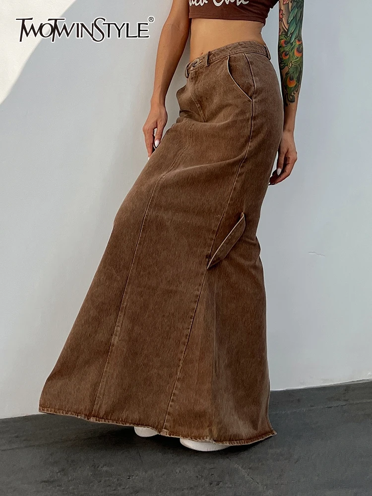 

TWOTWINSTYLE Minimalist Skirts For Women High Waist Folds Patchwork Pocket Casual Denim Elegant A Line Skirt Female Fashion New